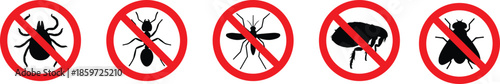 Set of red prohibition signs with black insect silhouettes including tick ant mosquito flea and fly vector illustration.