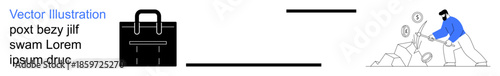 Business growth, financial investment, career development, savings concepts, graphic design, modern visuals. A man collects coins with financial symbols and a business bag. Business growth