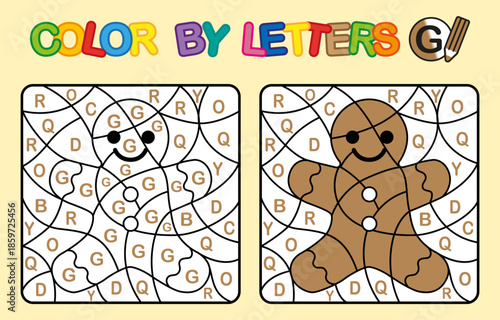Color by letter G. Coloring Gingerbread. Puzzle game for children education