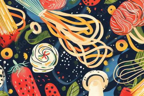 Dynamic explosion of spaghetti with tomatoes and vegetables, creating a vibrant and energetic representation of Italian cuisine.