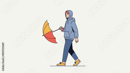 Casual young woman walking with an umbrella dressed in hoodie and jeans minimal 50 characters