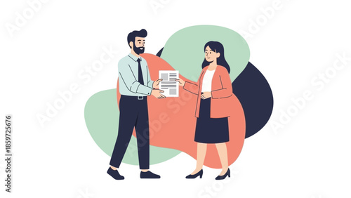 Business Meeting Between a Man and Woman Discussing Documents in an Office Setting