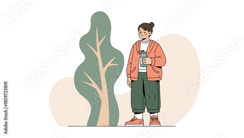 Young woman standing outdoors using smartphone with a background of trees and minimalistic scenery