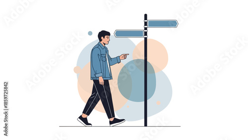 Young man standing at a directional signpost contemplating his future path or choices in life