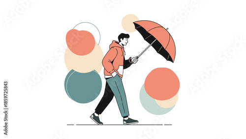 Stylish young man with umbrella walking among abstract colorful circles minimalist illustration