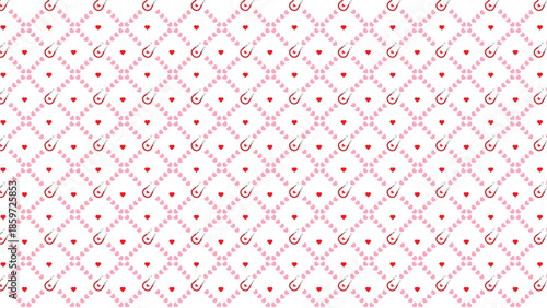 Seamless pattern of red and pink hearts with horseshoe magnets on white background love
