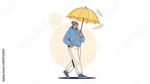 Young man walking in rainy weather holding yellow umbrella and drinking from flask outdoors in