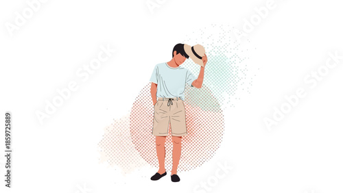 Young man in casual summer outfit adjusting his hat in a minimalistic digital illustration style