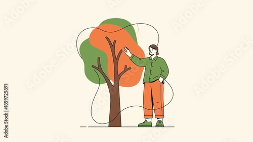 Creative Illustration of a Young Person Pruning and Caring for a Tree in a Minimalist Style