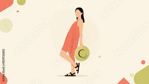 Stylish woman in coral dress holding a hat with modern minimal abstract background
