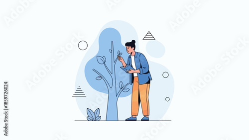 illustration of a woman pruning a tree in a stylized outdoor environment for environmental