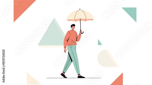 Young man walking with umbrella in a minimalist abstract background