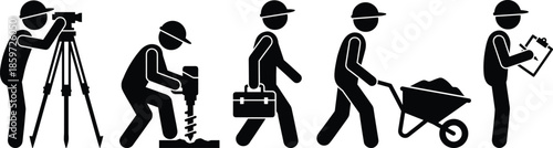 Set of black construction worker pictograms with tools performing various building tasks on white background vector illustration.