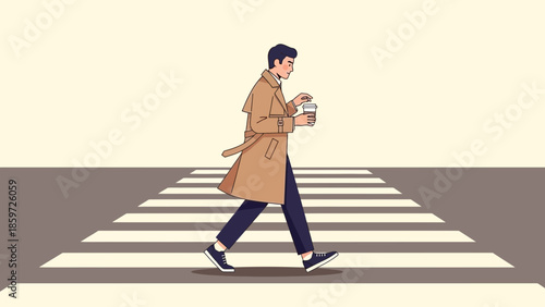 Stylish young man crossing the street on a zebra crossing during daytime with a coffee cup in hand