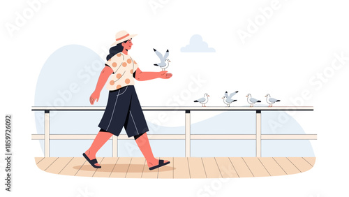 woman in summer outfit walking on a boardwalk with seagulls flying around her during daytime