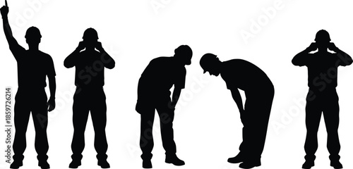 Set of black silhouette construction workers in various poses wearing helmets and safety gear on white background vector illustration.