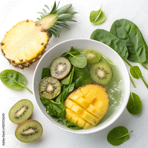 Tropical fruits and green vegetables floating together.