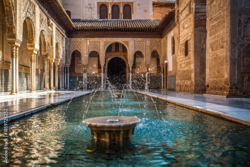 Fountain in the serene Court of the Lions at Alhambra Palace in Spain showcases stunning architecture and water features