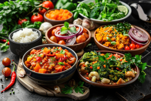 A vibrant assortment of healthy vegetarian dishes featuring fresh vegetables, grains, and herbs, perfect for a nutritious meal.