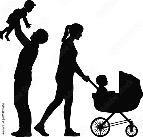 Family silhouettes illustration, parents with children walking together, motherhood fatherhood parenting love lifestyle concept