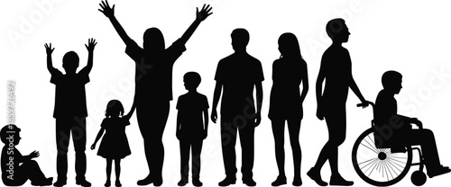 Diverse family silhouettes illustration, inclusive parents children together, disability inclusion community unity concept lifestyle support