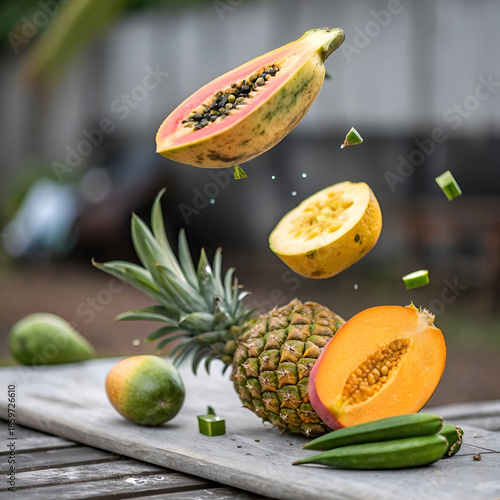 Tropical fruits and vegetables levitating midair.