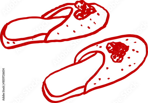 Hand drawn cozy slippers with heart details. Minimal Valentine’s Day red line art vector illustration for home comfort, romantic designs, cards, and love themed graphics.