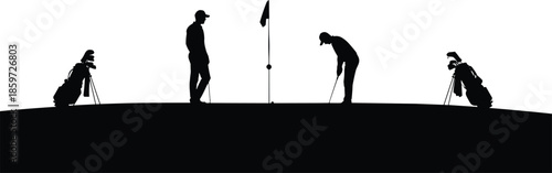 Silhouette of two male golfers putting on green with flag and equipment bags isolated on white background vector illustration