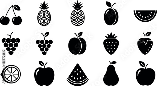 Black and White Fruit Icons Set Featuring Cherries Pineapple Plum Watermelon Grapes Peach Strawberry Lemon Apple and Pear Vector Illustrations