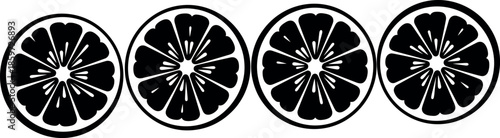 Black and white minimalist vector illustration of four citrus fruit slices arranged in a row for healthy lifestyle graphic design.