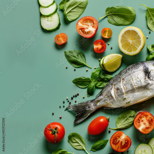 Fresh fish with lemon, tomatoes, cucumbers, and basil on a green background, perfect for healthy cooking inspiration.