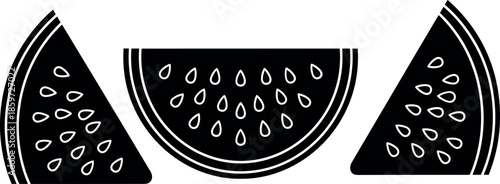 Black and white watermelon slices vector illustration set with seeds and rind pattern isolated on white background for summer design