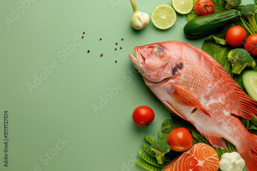 Fresh fish with lemon, tomatoes, cucumbers, and basil on a green background, perfect for healthy cooking inspiration.