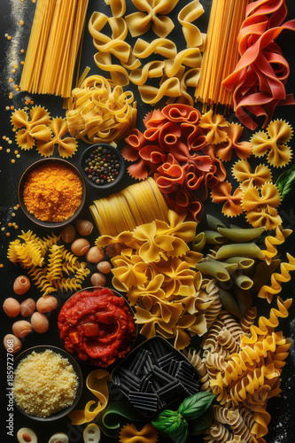 An assortment of various pasta types with ingredients like tomatoes, basil, and olives, showcasing Italian cuisine.