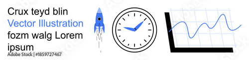 Innovation, time management, progress tracking, data analytics, business growth, creative processes. Rocket launch, clock and line graph. Innovation and time management concepts