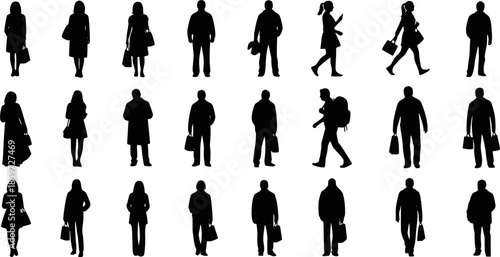 Silhouettes of people related to the theme of shopping. Vector illustration, transparent background EPS version.