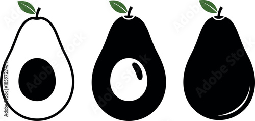 Flat Vector Avocado Icon Set with Outline Solid and Pit Variations for Healthy Food Nutrition Organic Diet and Graphic Design