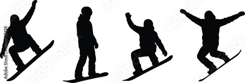 Set of four dynamic snowboarder silhouettes performing tricks and jumping isolated on white background for winter sports design vector