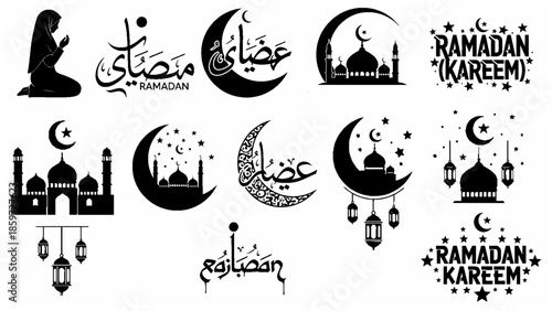 Islamic holy month of Ramadan Vintage vector set of fire icons with decorative elements and silhouettes for design use