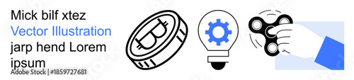 Fintech, cryptocurrency, innovation, problem-solving, technology, creativity. a Bitcoin coin, gear lightbulb and hand holding a fidget spinner. Fintech and innovation concepts
