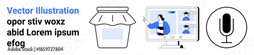 Education, communication, remote work, podcasting, packaging, e-learning. A jar, virtual meeting on a screen and microphone icon . Remote learning and digital communication concepts