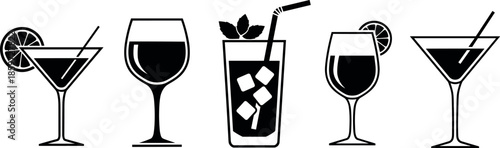 Minimalist Black Silhouette Vector Set of Alcoholic Cocktails Wine and Summer Drinks Icons with Garnishes Isolated on White Background