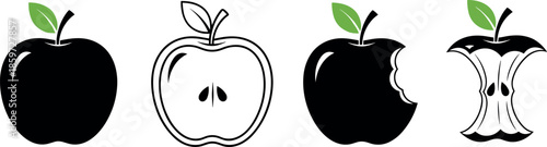 Set of apple icons showing stages of eating including whole fruit, cross section with seeds, bitten apple, and core remains