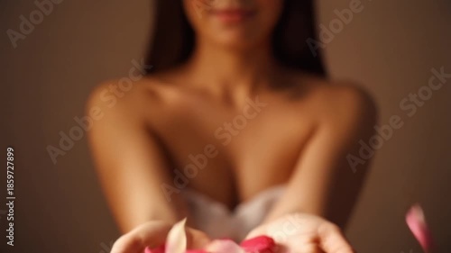Woman Holding and Releasing Rose Petals.