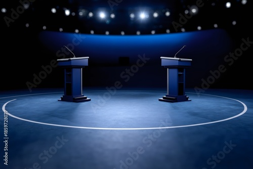 Empty debate stage with two lecterns and microphones. Political election or public speaking presentation background