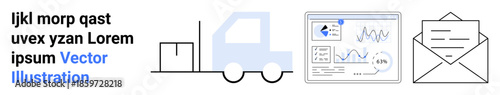 Logistics, business operations, data analysis, communication, delivery services, email correspondence. Iconic s of a truck, analytics dashboard and an envelope. Logistics and business operations