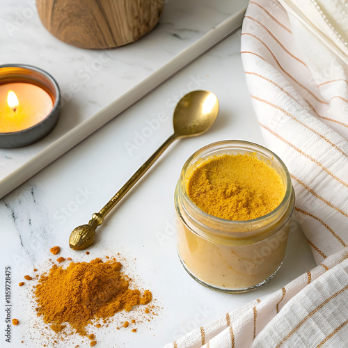 Turmeric cleanser with brass spoon and small candle.