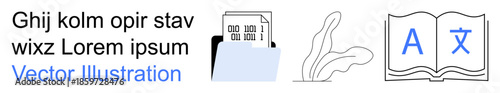 Translation services, language learning, education, textual documents, globalization, linguistic studies. An open book, text elements and document icon. Translation services and language learning