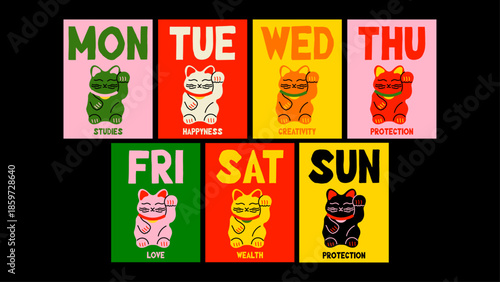 Colorful calendar posters with lucky cats in cute kawaii doodles style. Playful Japanese-inspired design with days and weeks.