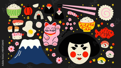 Cute kawaii doodles Japanese culture stickers set. Cartoon sushi, geisha, fish, Mount Fuji, rice bowls, lucky cat illustrations.